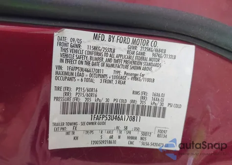 2006 Ford Taurus Se z USA, uszkodzony, nr VIN 1FAFP53U46A170811